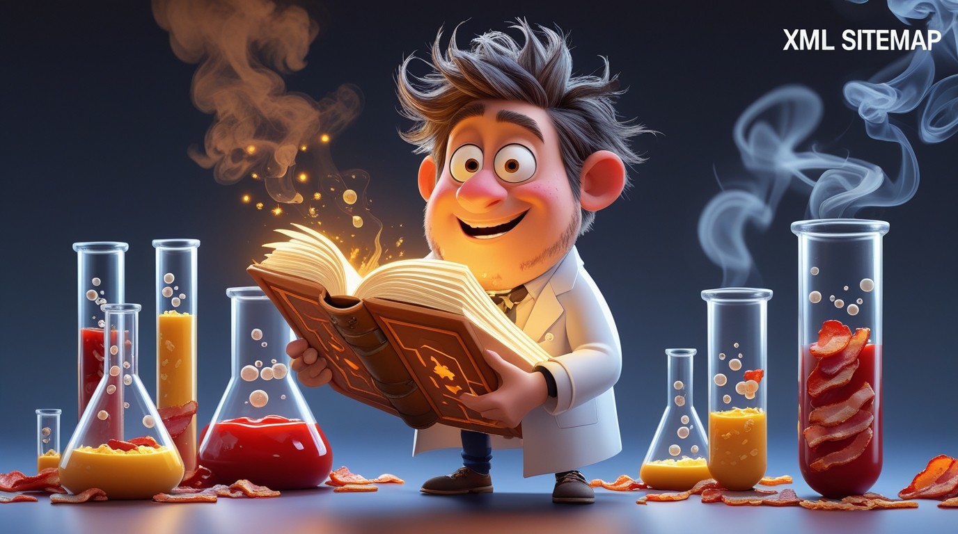 A crazy but friendly cartoon scientist with messy hair, wearing a white lab coat, holding a giant glowing CODEBOOK