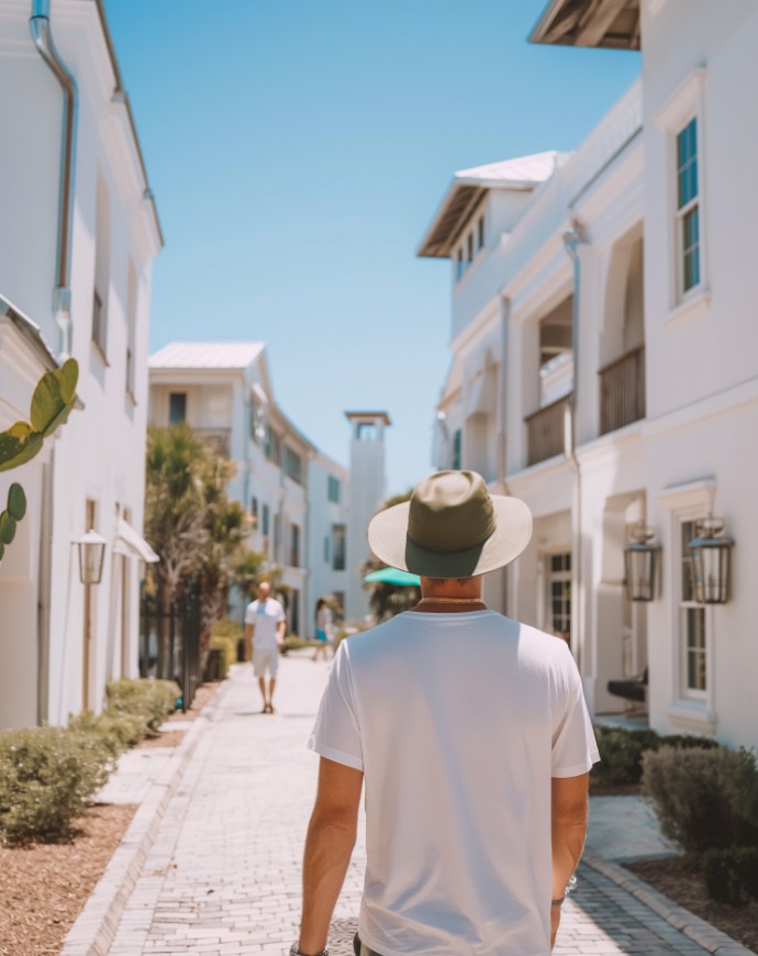 A man is walking in the middle of the street.