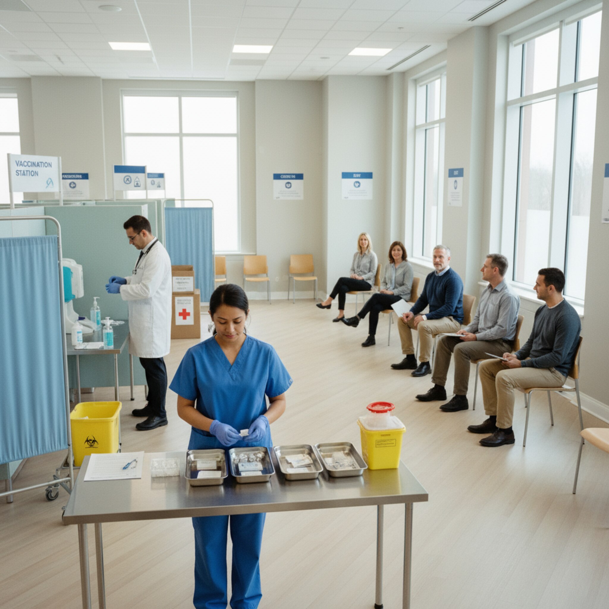 In einer Kantine verwandelt zur Impfstation legt eine MFA Pflaster und Alkoholtupfer bereit. Mitarbeitende sitzen auf Stühlen in einer ruhigen Reihe, gedämpftes Stimmengewirr im Hintergrund. Die Ärztin wechselt Handschuhe und nickt einem Wartenden freundlich zu. Alles wirkt strukturiert und effizient organisiert.