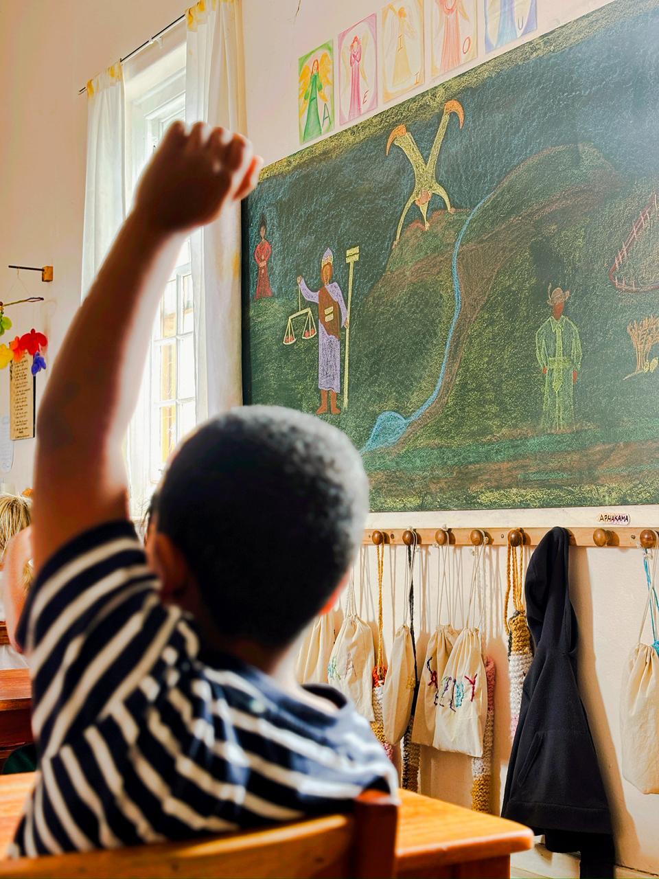 boy raising his hand in class