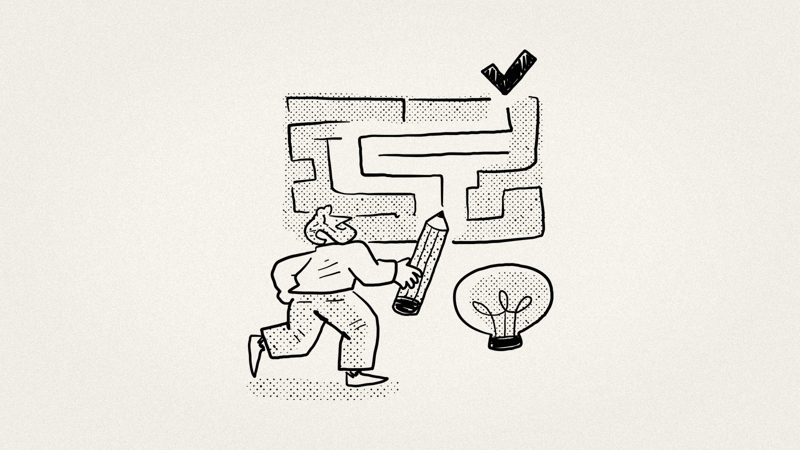 A figure navigating a maze toward a checkmark — the structured path through buyer indecision that the JOLT framework provides to convert stalled deals