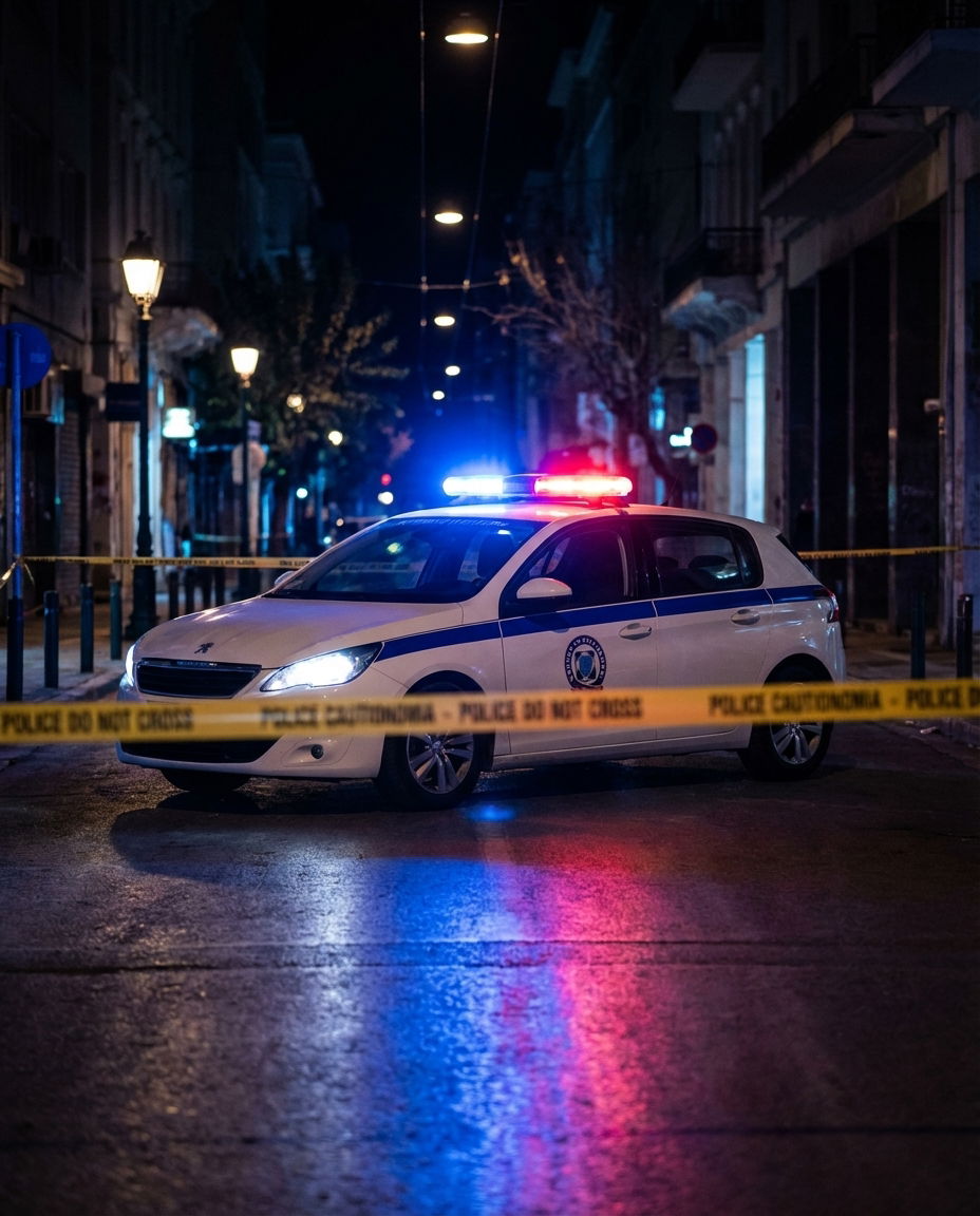 Greek police patrol vehicle at night during an investigation