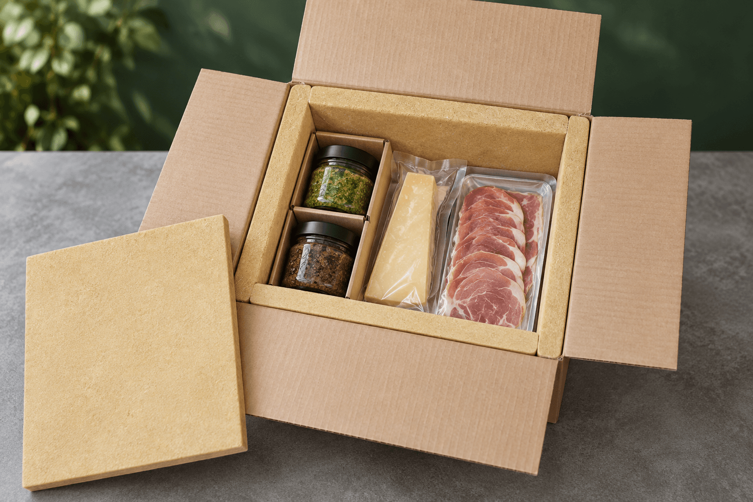 Geschützte Feinkostgläser und verpackte Spezialitäten in einer Waldbox – KI-generierte Anwendungsszene.
