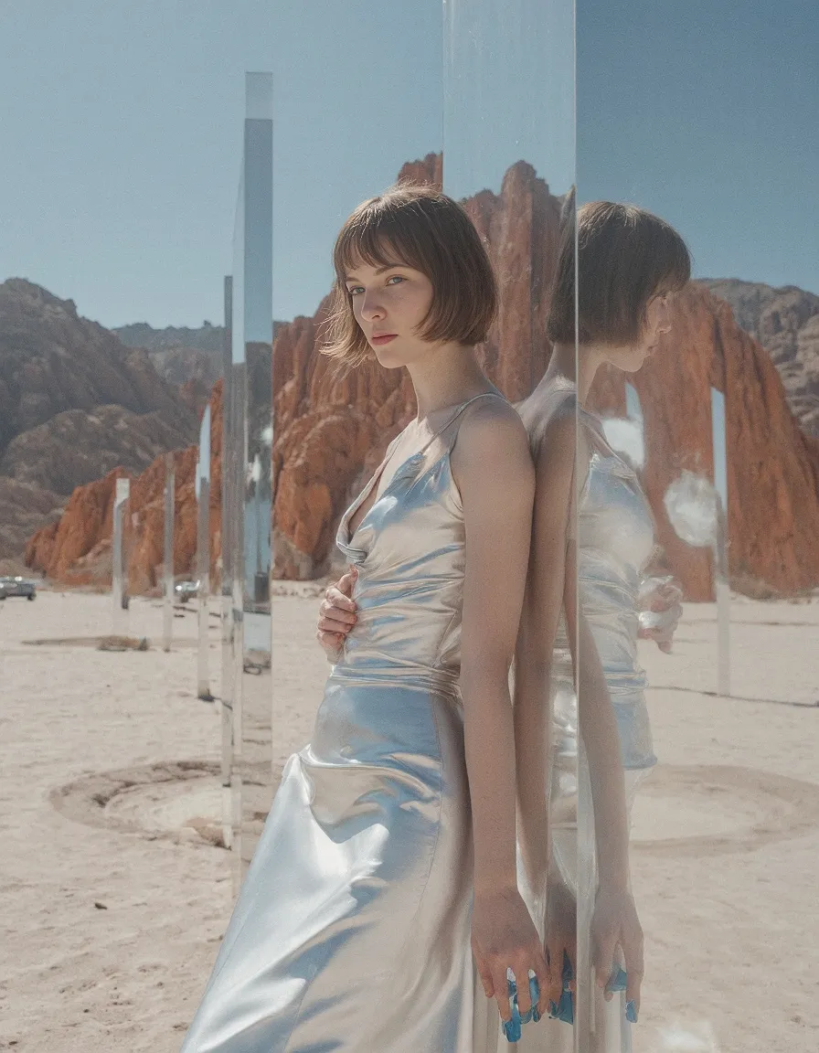 Artistic desert scene with person in silver dress standing beside reflective mirror panels with dramatic red rock formations in background