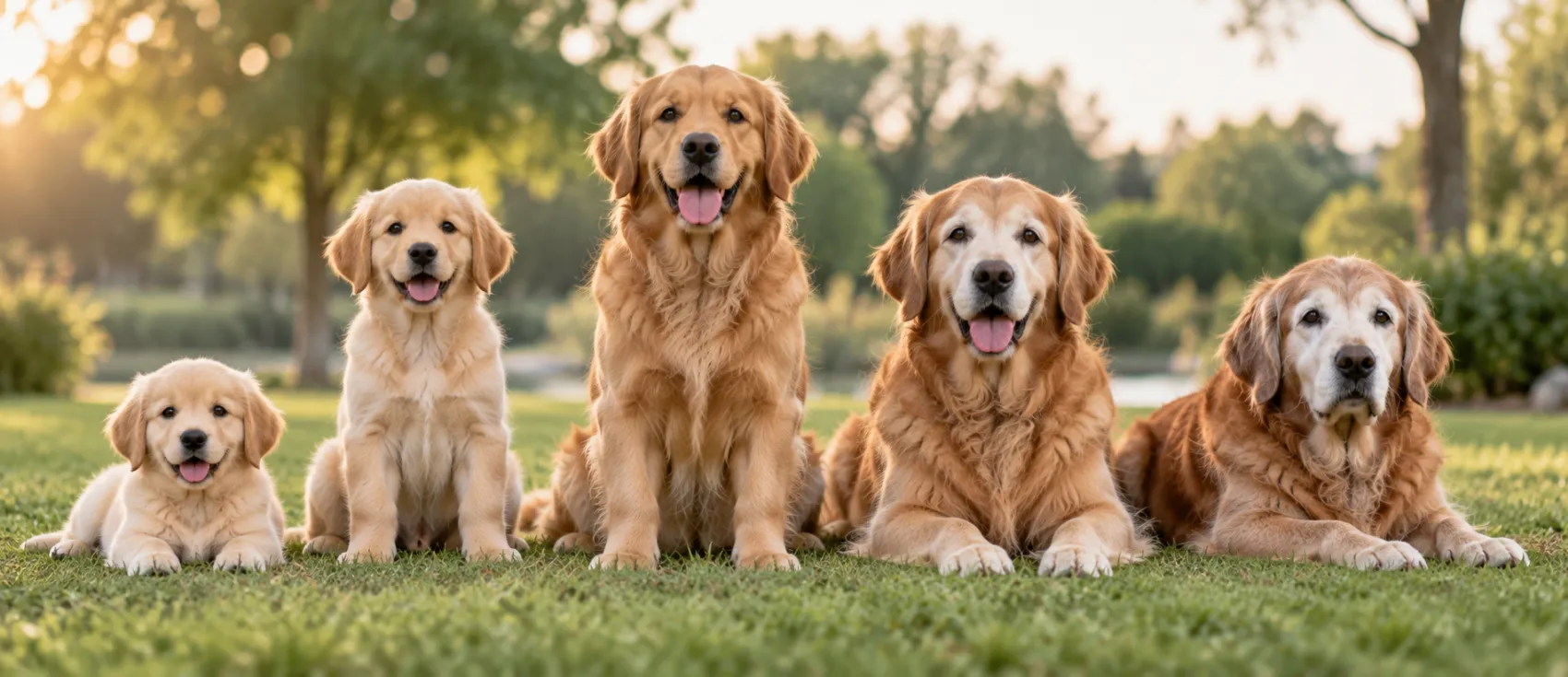 Golden retrievers of different ages sitting together outdoors, from puppy to senior.