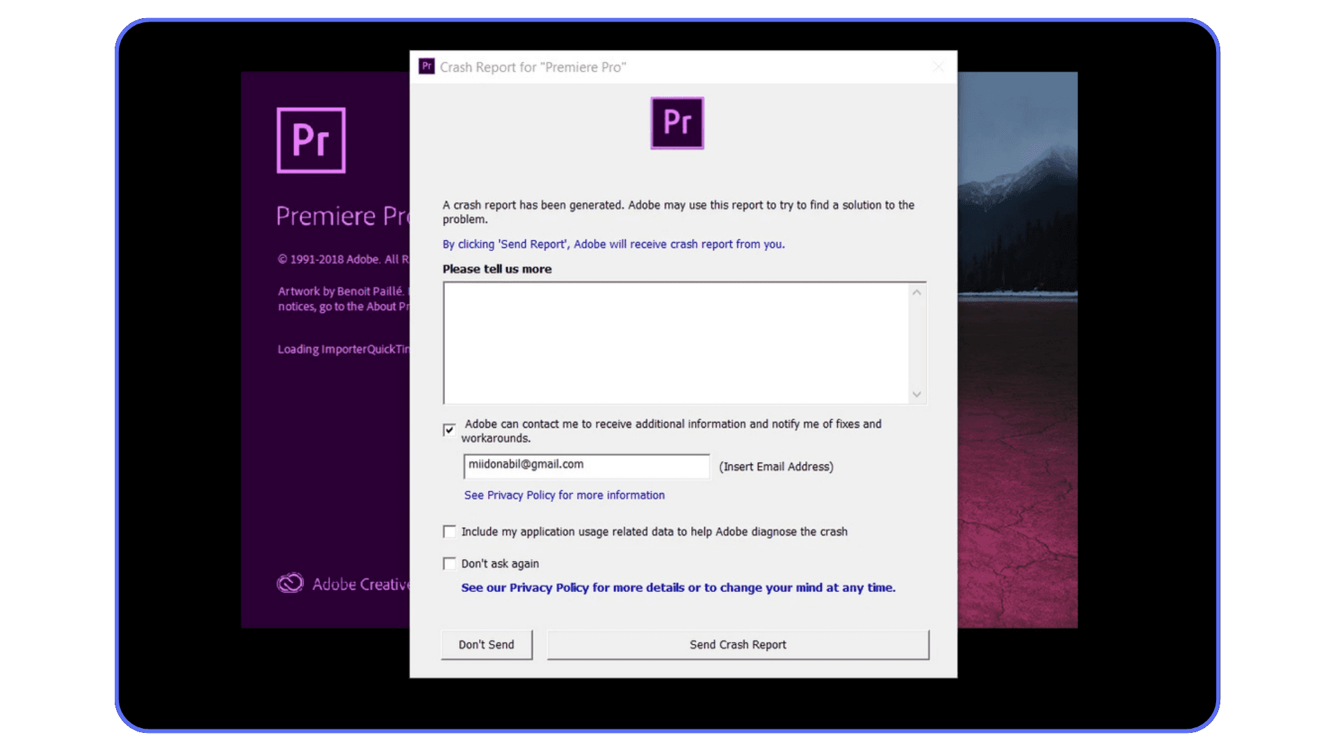 Adobe Premiere Pro crash report dialog prompting user to send error details to Adobe