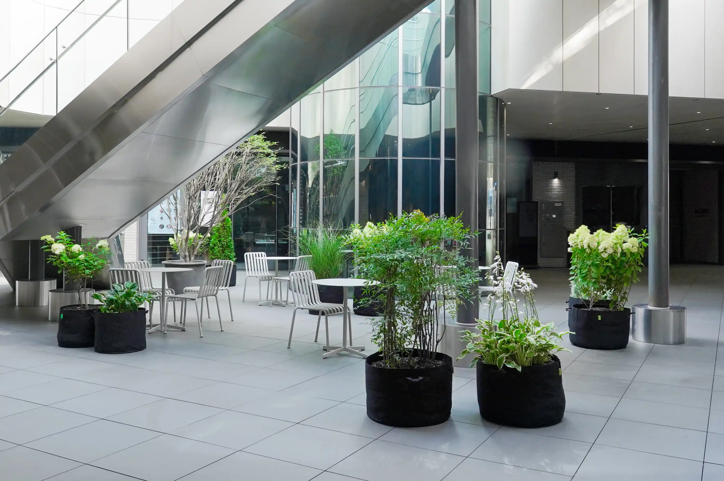 빌딩 플랜테리어 모습. 메탈 소재 에스컬레이터 아래 식물을 배치한 모습.