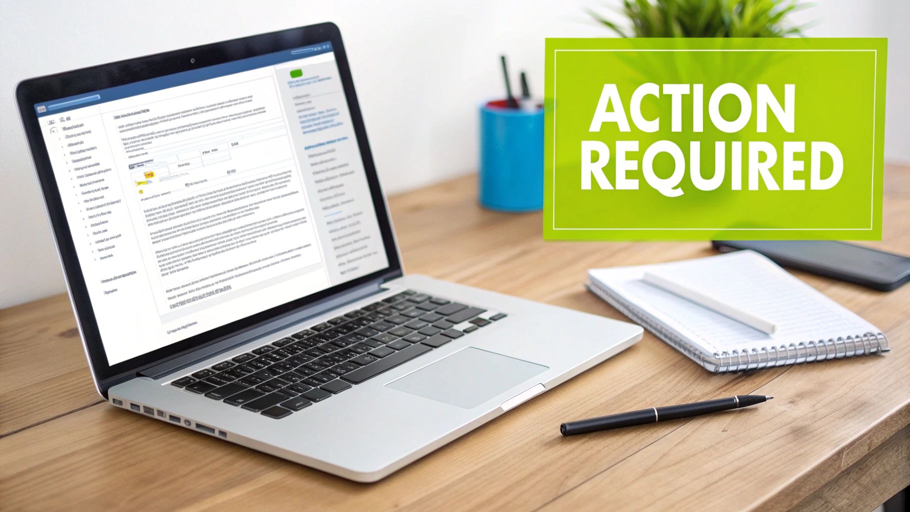 A laptop displaying an invoice on a wooden desk, next to a notebook, pen, and a sign saying 'ACTION REQUIRED'.