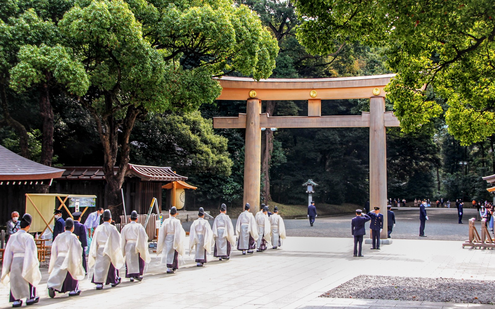 游客们在东京的明治神宫中，享受着被郁郁葱葱的绿意环绕的美景。