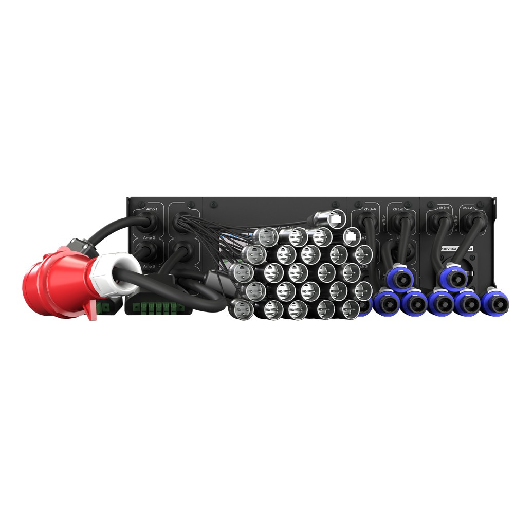 Amplifier outputs with XLR and SPEAKON connectors.