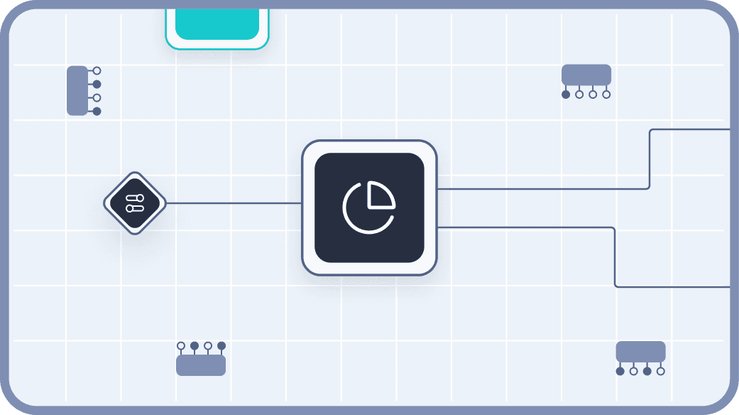 Flowchart diagram illustrating a process with connected nodes and a central piechart icon, set against a grid background, representing workflow and automation concepts with analysis.
