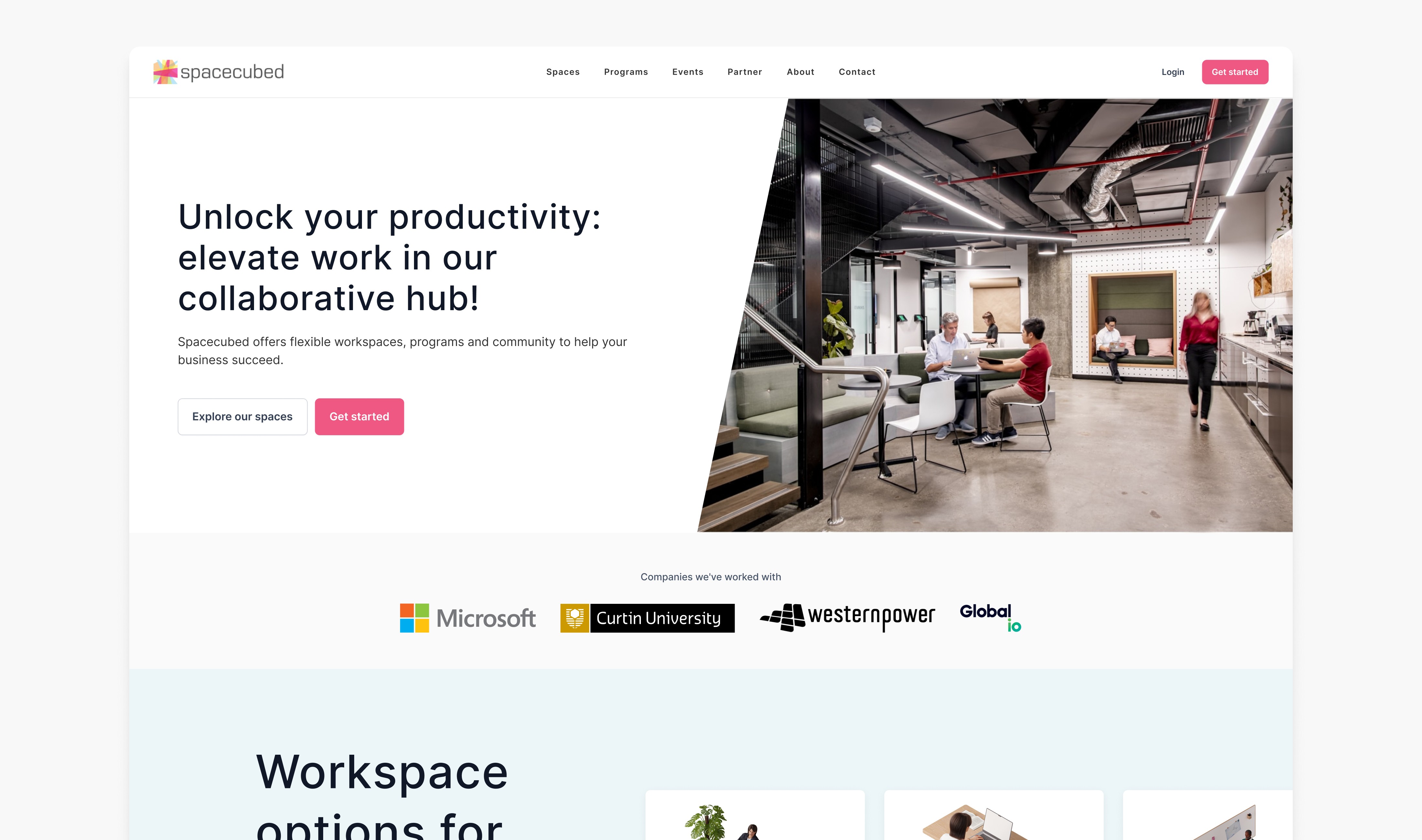 Homepage design: Spacecubed - Elevate your co-working space: redesign with delightful digital experiences