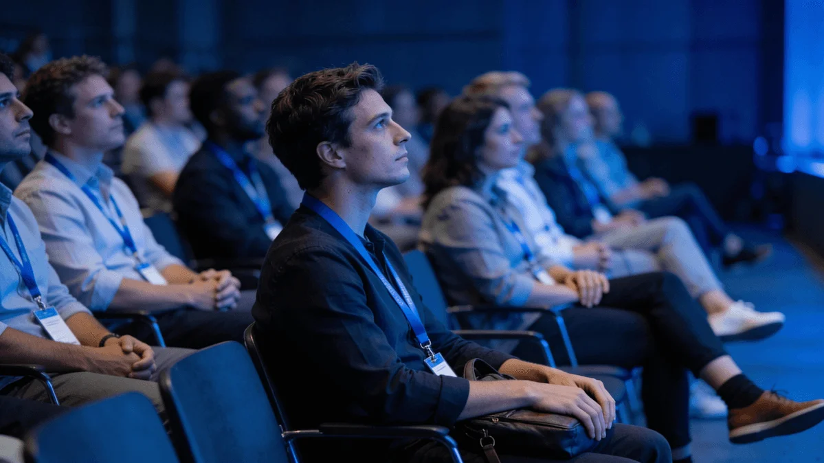Attendees at an AI conference listening attentively to a speaker during a session on real-world artificial intelligence applications.