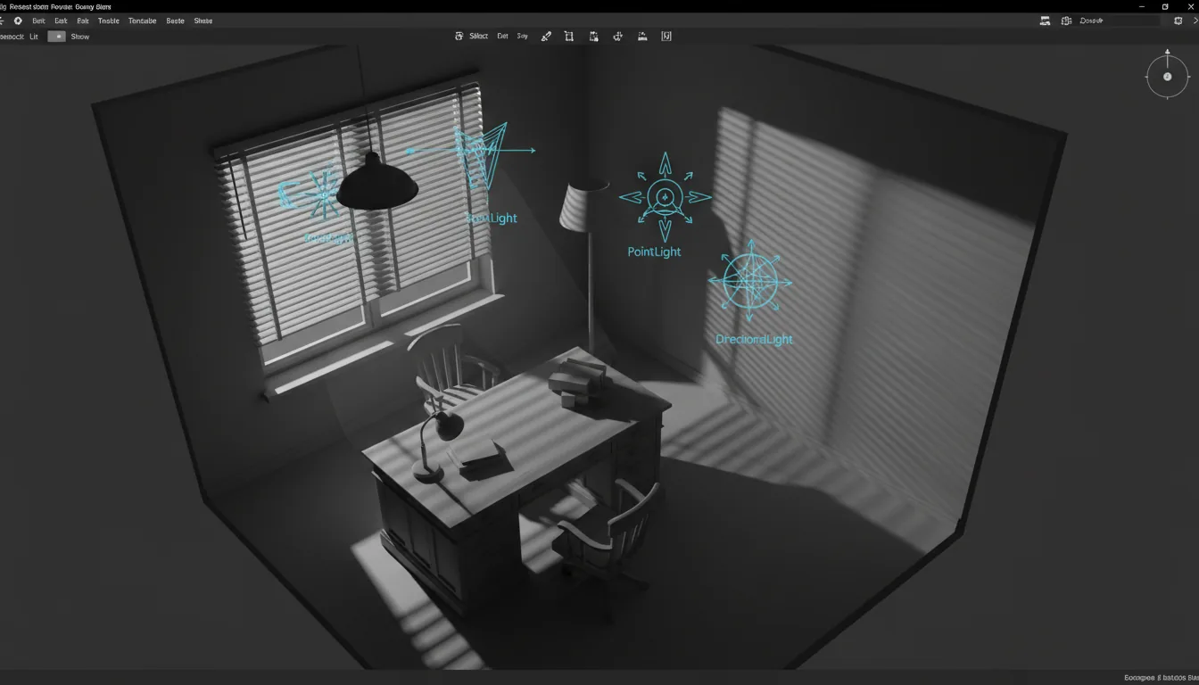 Screenshot of the Unreal Engine 3D editor viewport in Modern Dark Mode, capturing a high-angle view of a scene. The viewport displays an untextured, monochromatic 3D model of a noir office, rendered in a matte clay style with dramatic, high-contrast lighting and deep shadows. Stylized tutorial icons and gizmos for different light sources—a spotlight, a point light, a sun—are overlaid on the scene, with arrows indicating light direction. The minimalist dark UI frames the viewport with abstracted text elements and control icons on the top toolbars.