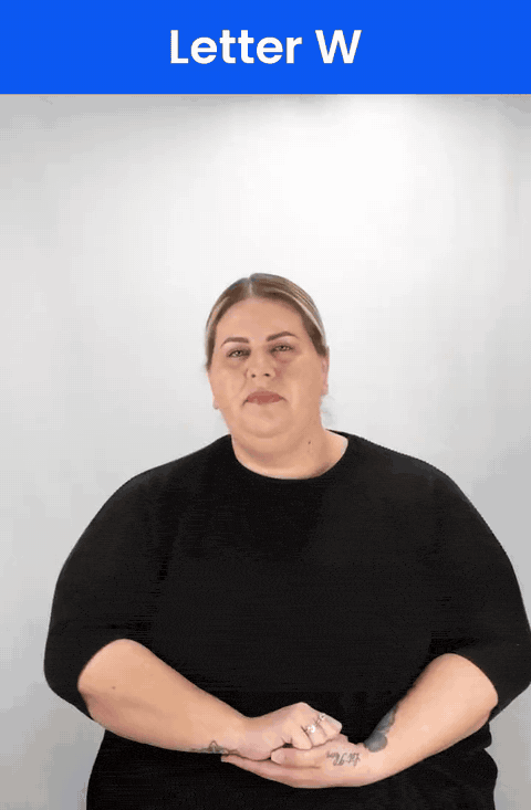 Animated GIF: a Deaf signer signs W in ASL, three fingers up and spread, the thumb holding the little finger.