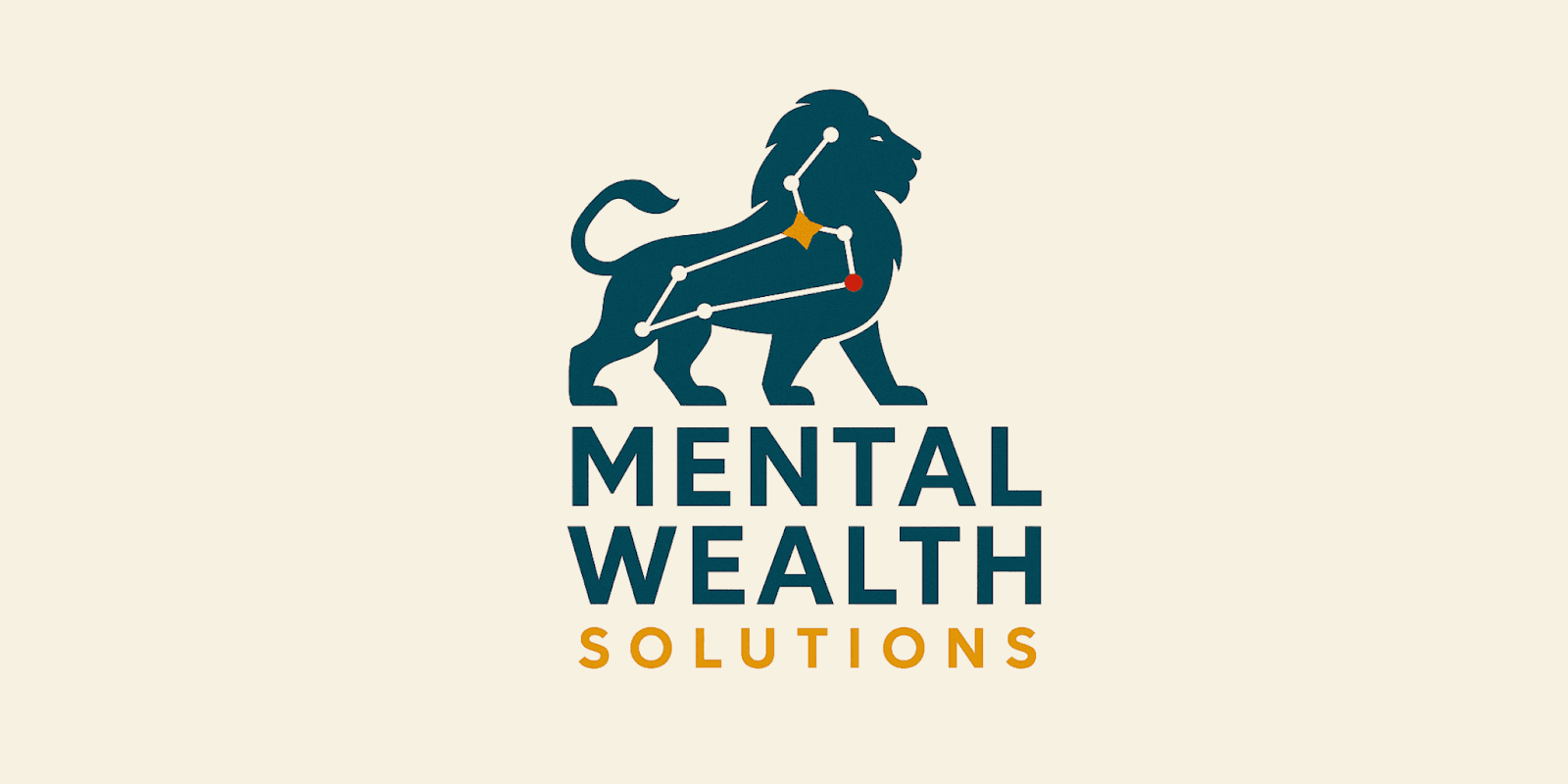 a lion symbol connected by constellations, representing strength and resilience, with the words "Mental Wealth Solutions" beneath.