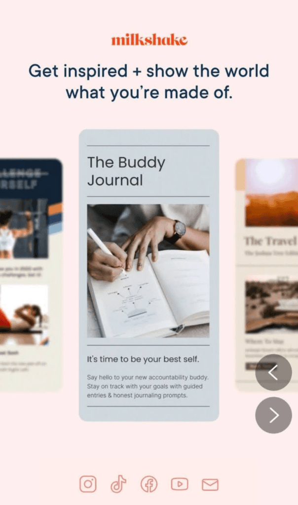 @Milkshake's landing page showcasing different swipeable pages.