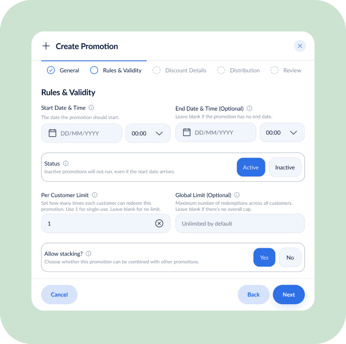 Create Promotion panel in the HERO CRM showing rules, start and end dates, limits, and promotion settings.
