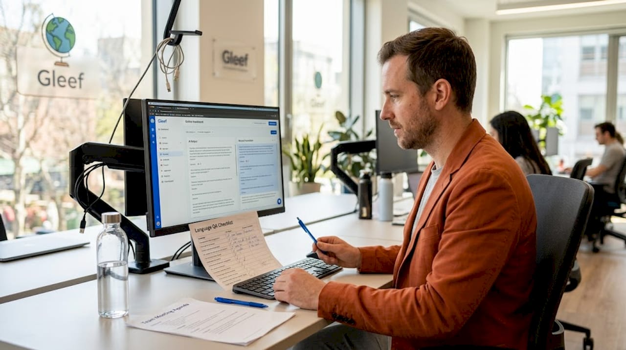 Manager reviewing AI translation outputs at desk