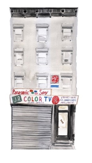 A drawing of an apartment building with a radio shack at the ground floor and the sign Color TV on the front.