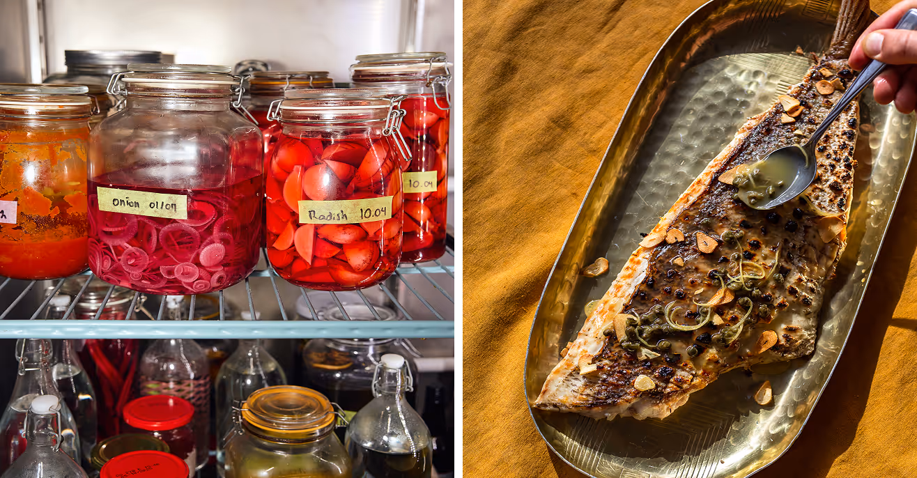 Left, jars of pickled vegetables labelled and dated on a shelf. Right, a whole grilled fish on a brass platter being spooned with sauce