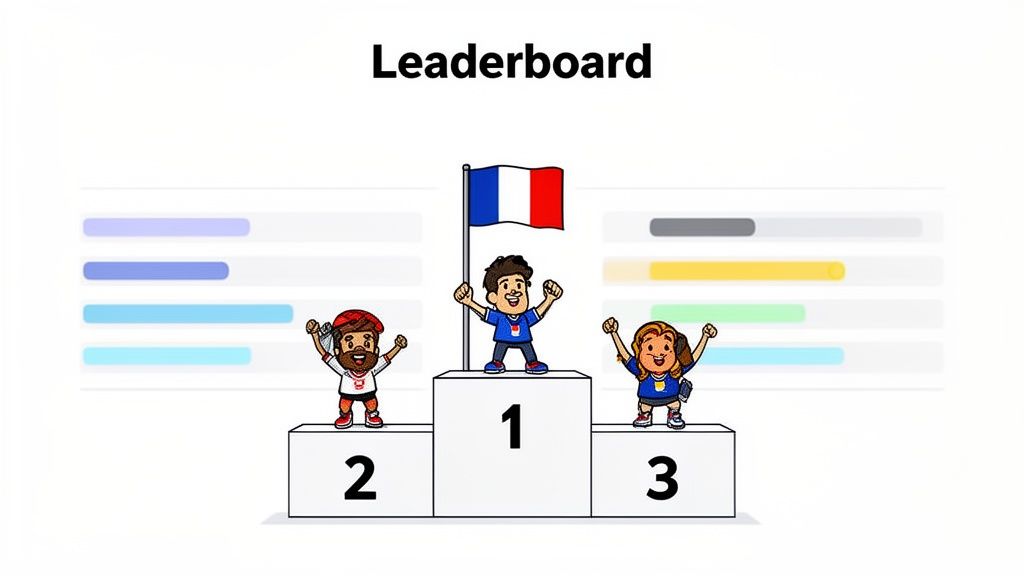 Cartoon characters celebrate on a podium with a French flag, representing a leaderboard and achievement.
