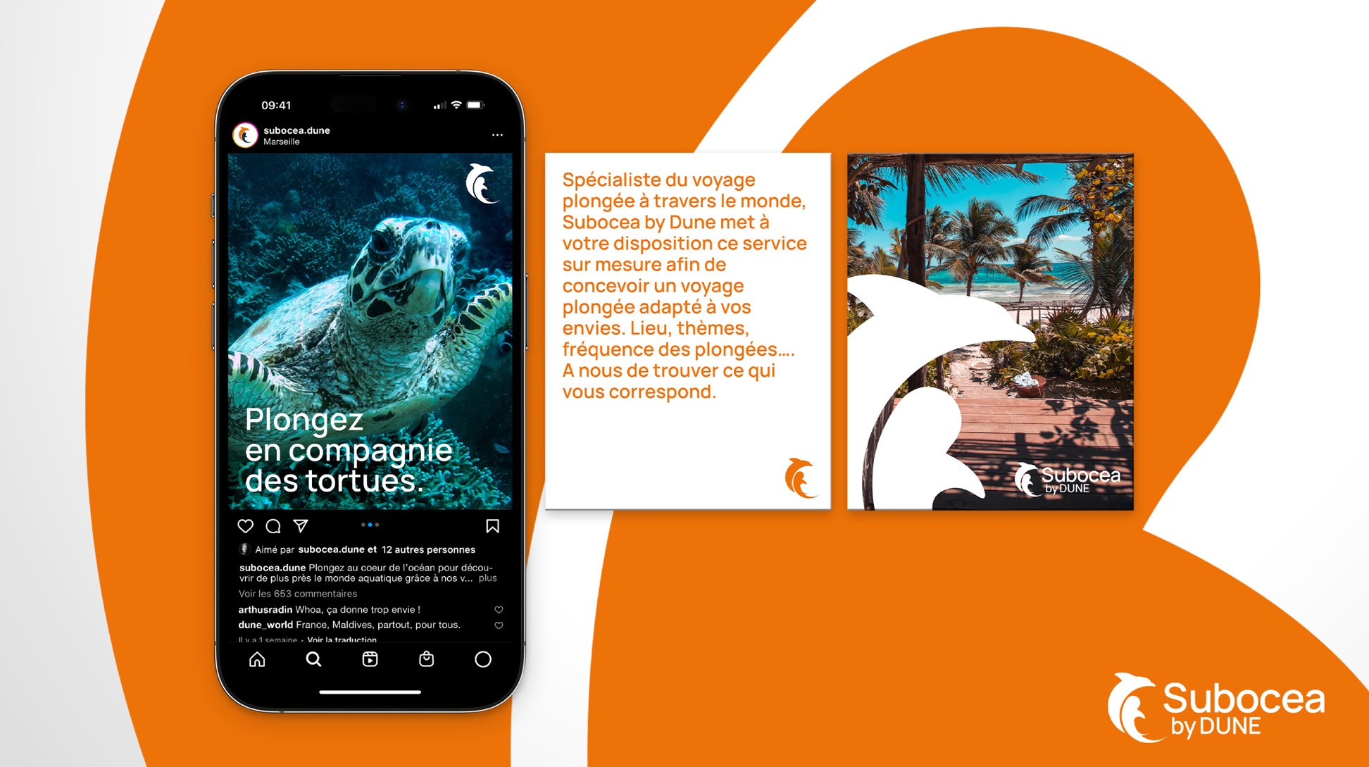 Posts Instagram Subocea by Dune : tortue de mer, présentation marque + destination voyage.
