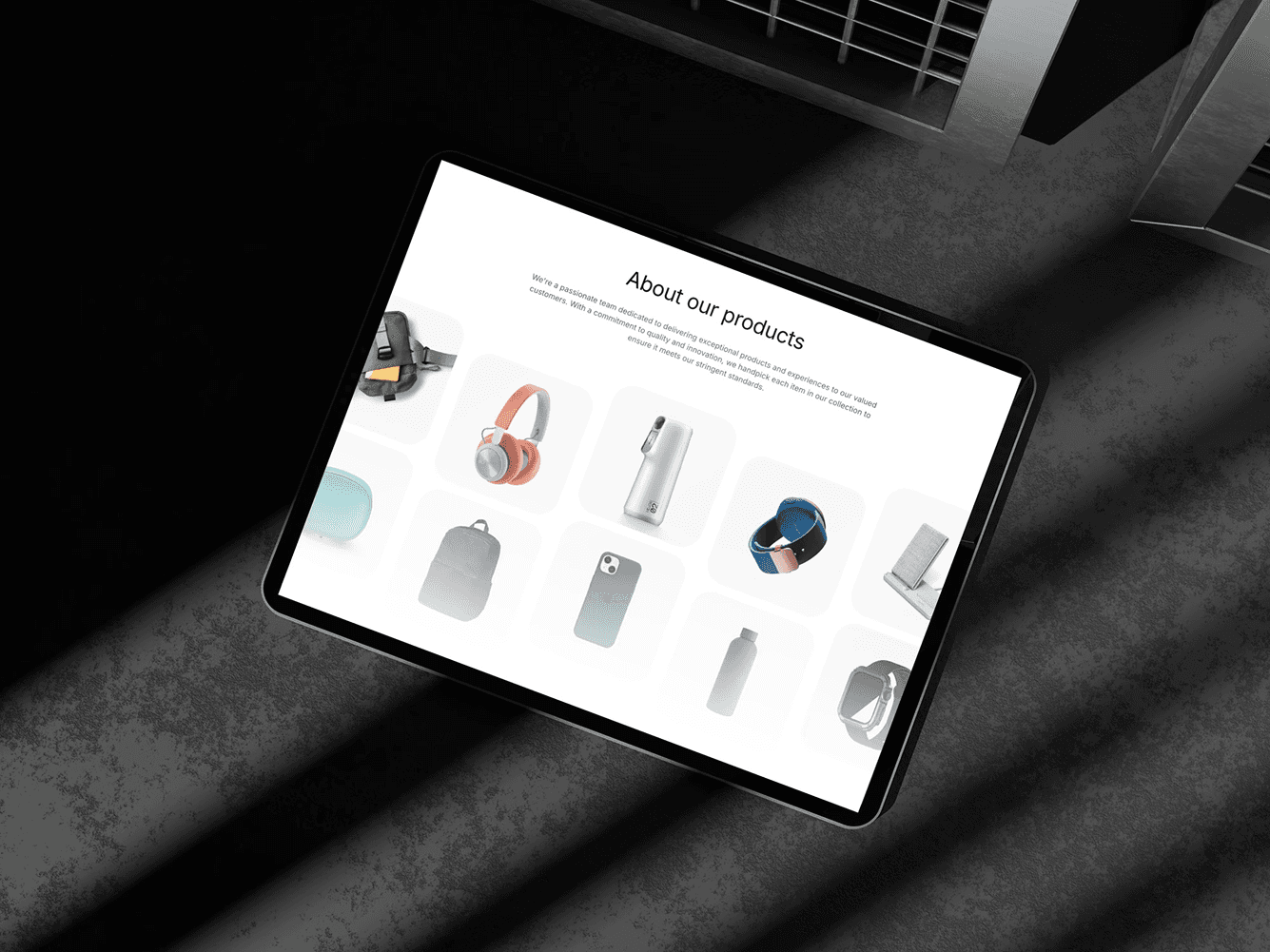 A tablet mockup showcasing an ecommerce website’s “About our products” section.