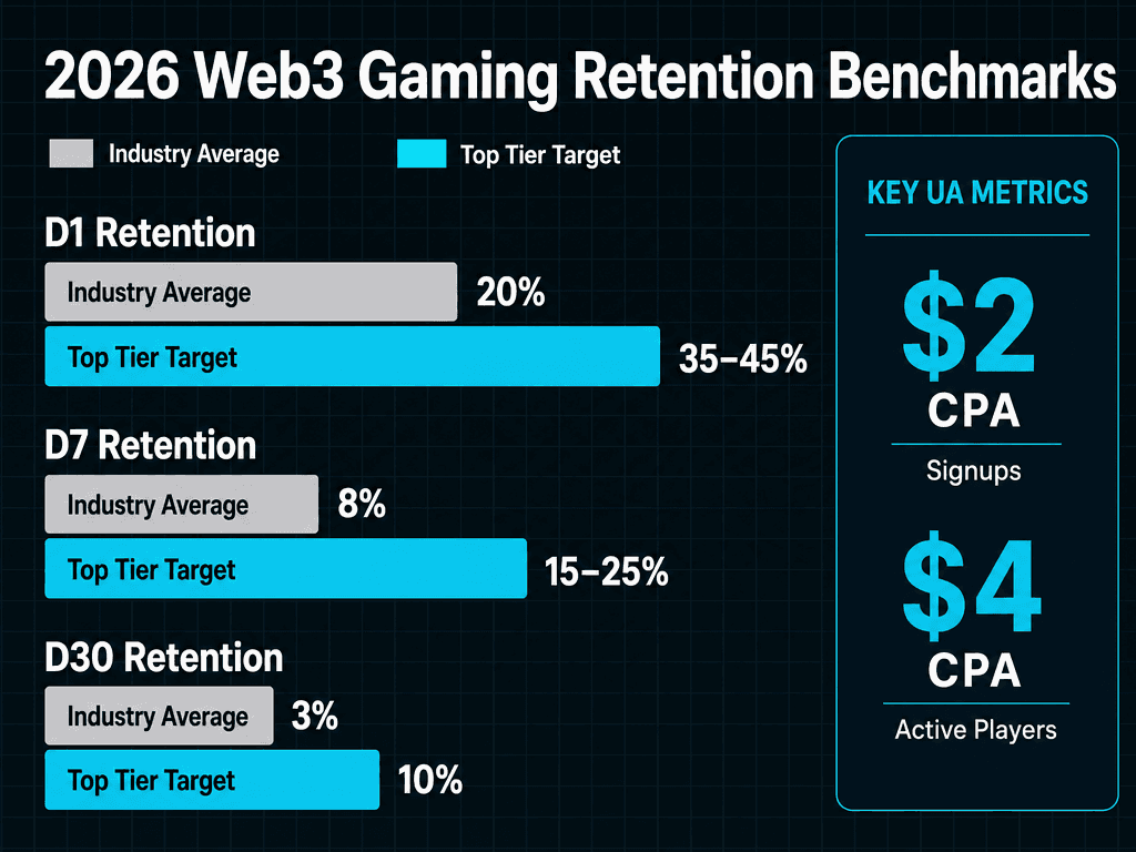 Comparison bar chart of D1, D7, and D30 retention benchmarks for Web3 gaming, showing industry averages versus top-tier studio performance targets.