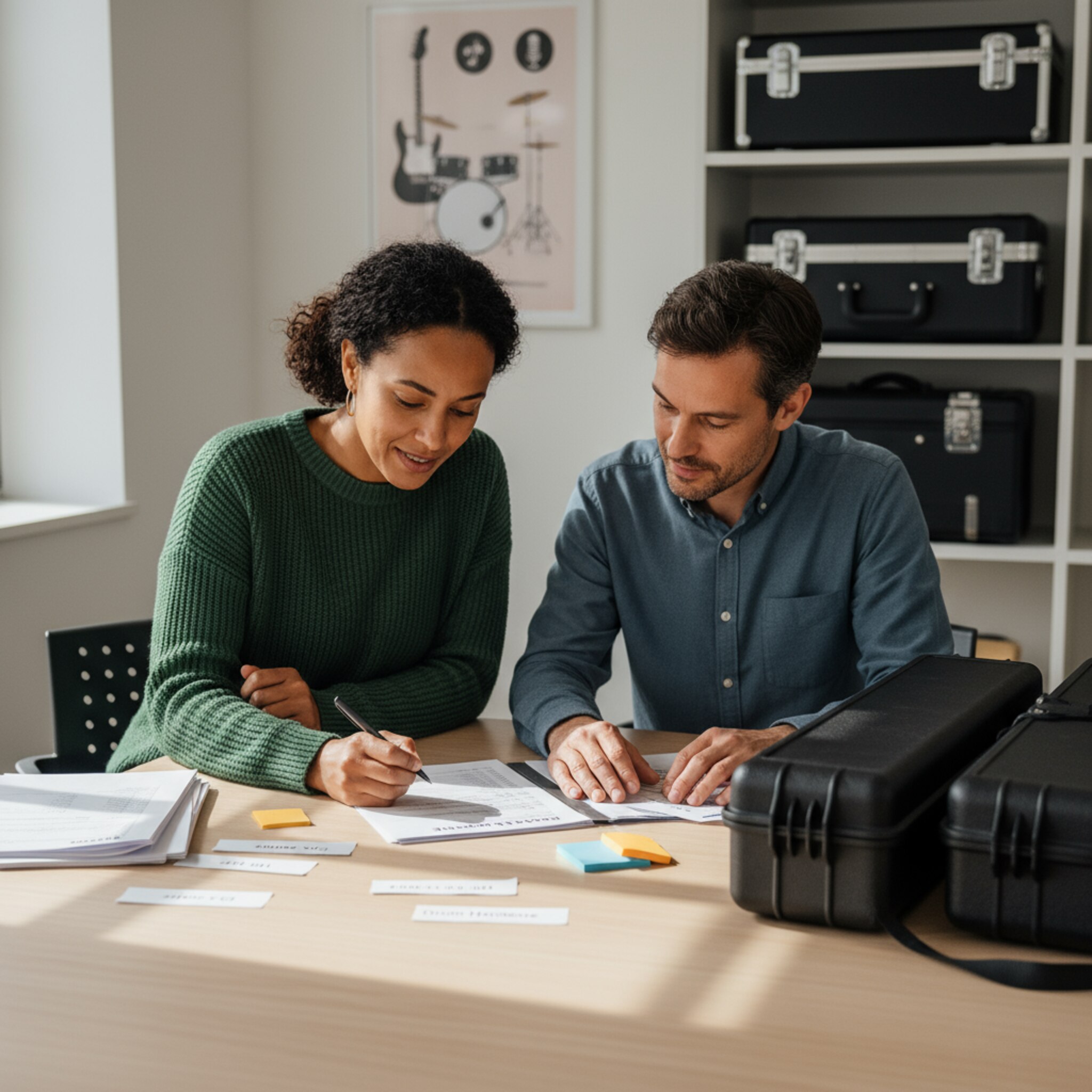An einem Besprechungstisch markieren zwei Personen eine Liste mit Posten für ein Backline-Paket und sortieren passende Hüllen zusammen. Tageslicht fällt auf Notizzettel und einen sauber strukturierten Stapel Unterlagen. Ein fokussierter, klarer Moment, bevor die Freigabe erteilt wird.
