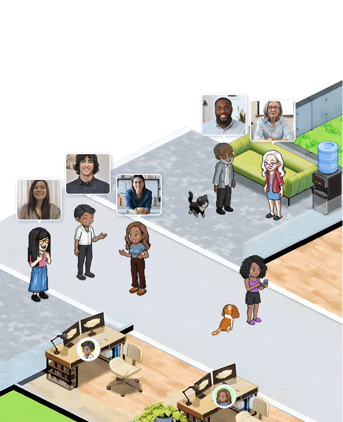 SoWork virtual office floor plan featuring a designated Gym area with equipment, an Art & Design studio, and a team coworking lounge with avatars and indoor plants.