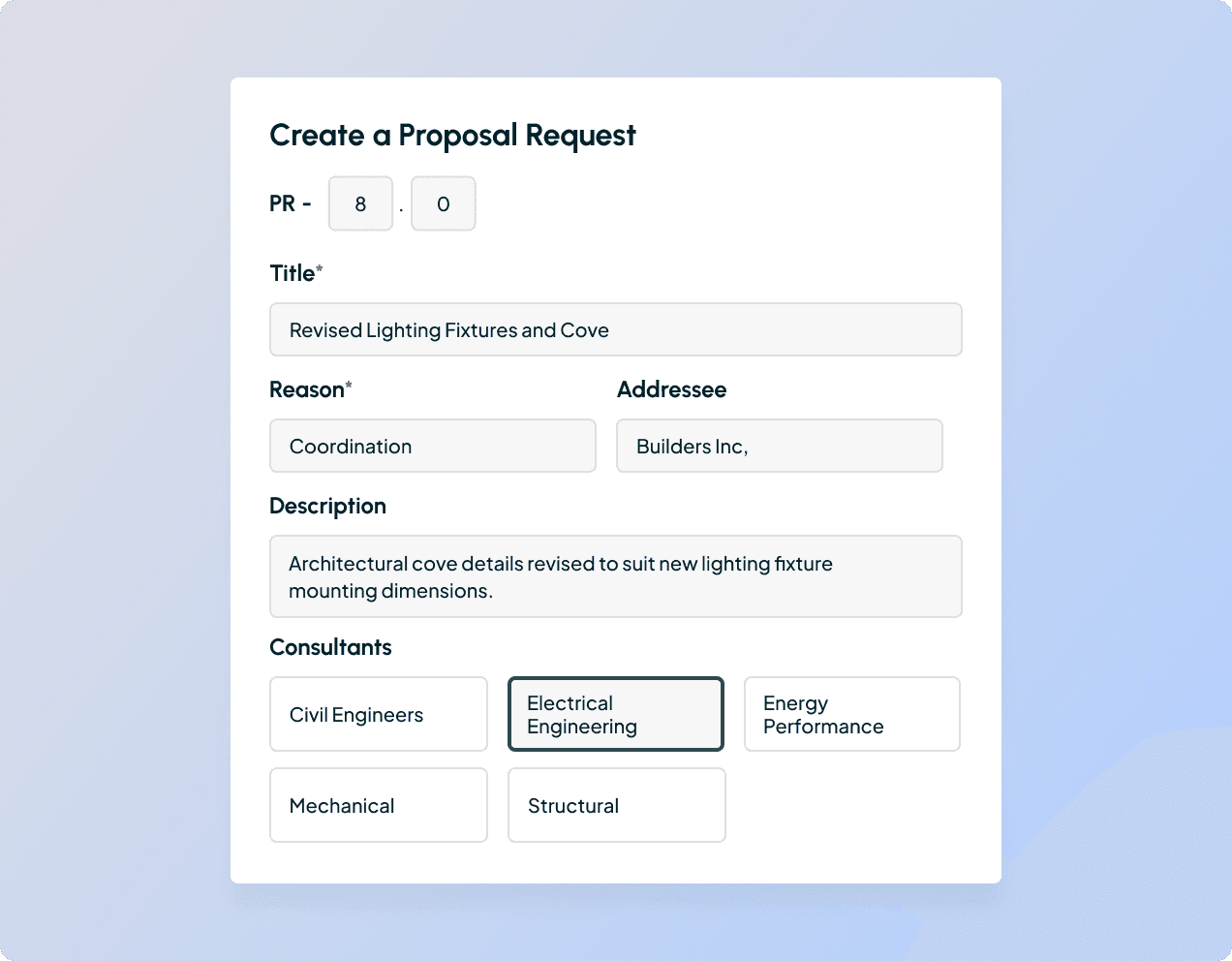 Creating a proposal request in Part3's construction administration software with assigned consultants and project details