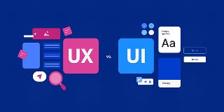 Illustration of UX vs UI design with each having assets representing them on their side.