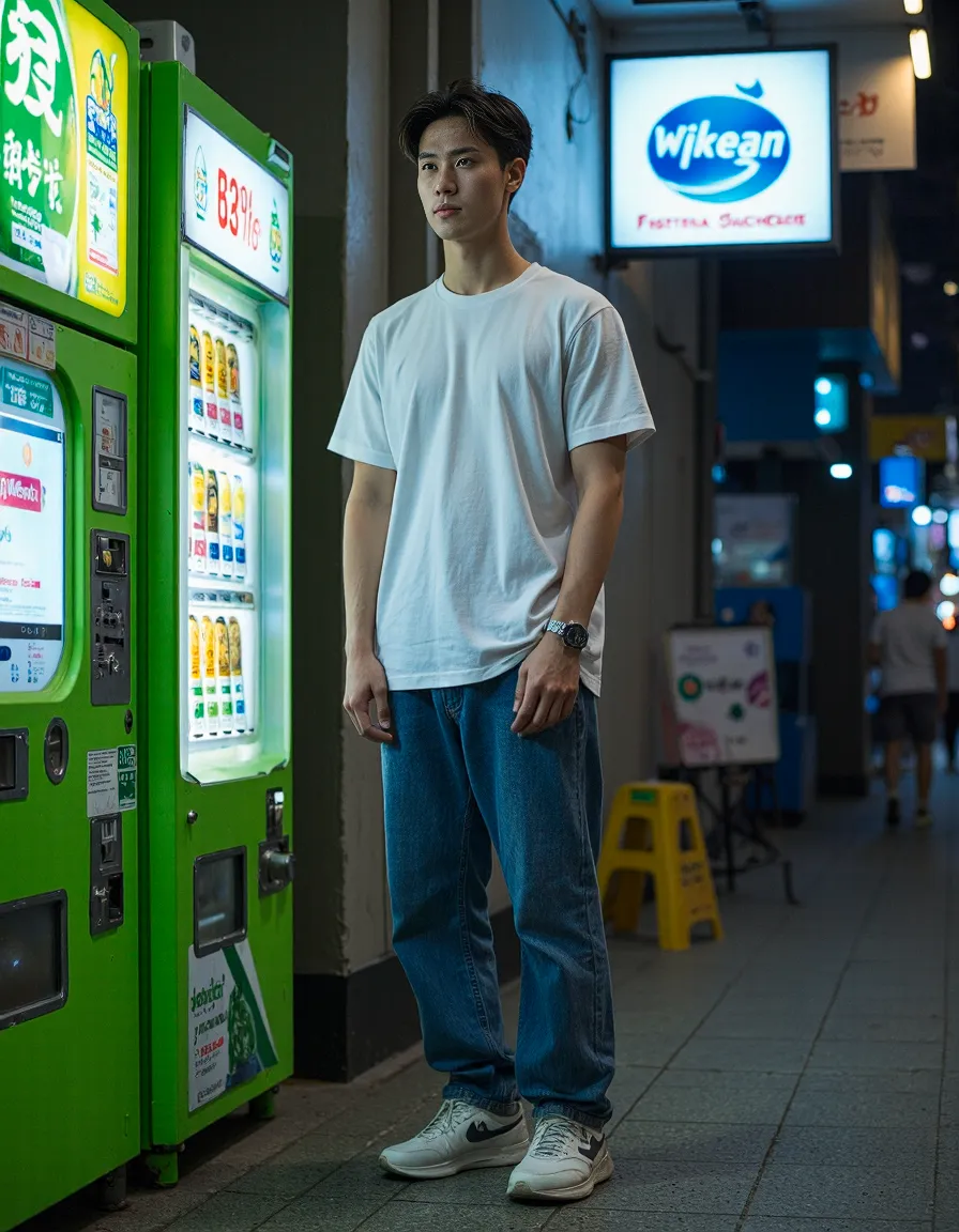 Person in white t-shirt and jeans standing beside glowing green vending machines at night, creating an atmospheric urban scene
