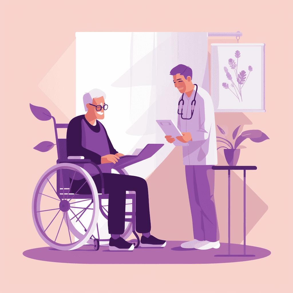 A medical professional discussing medical records to an elderly man in a wheel chair.