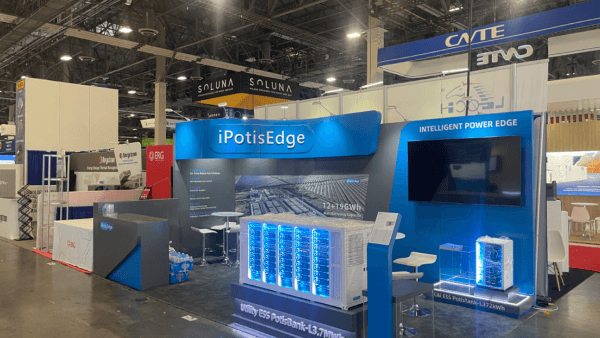 RE+ Southeast booth type image showing battery and energy storage explanation layout with sample display and technical presentation zones