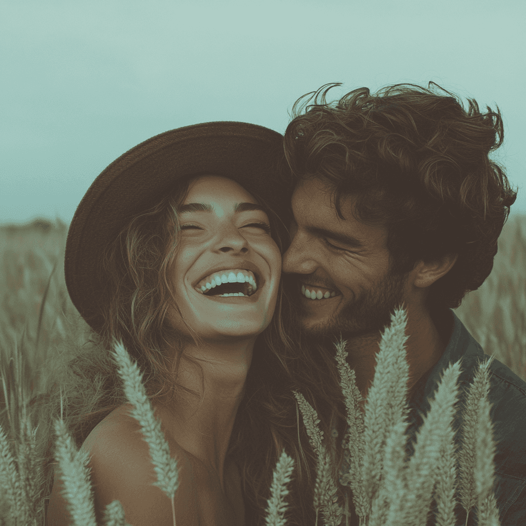 A joyful couple laughing together in a wheat field, sharing a close and happy moment.