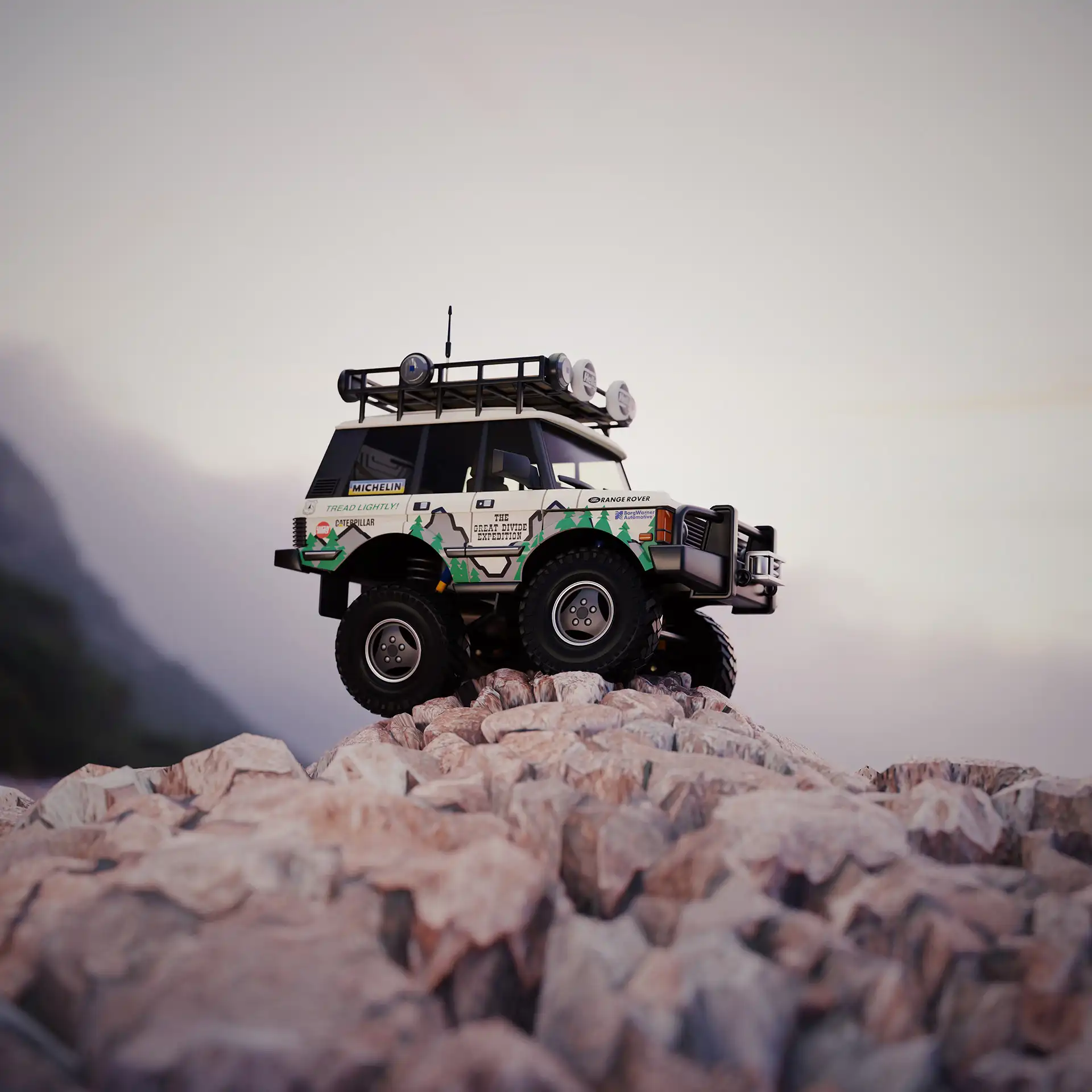 A digital rendering of a tan off-road truck on top of rocks.