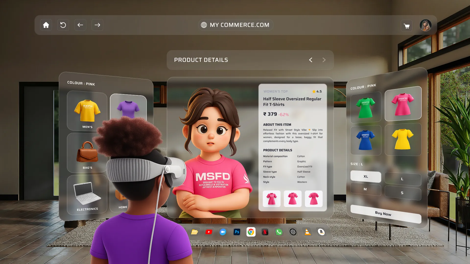VR shopping app UI design with floating product screens