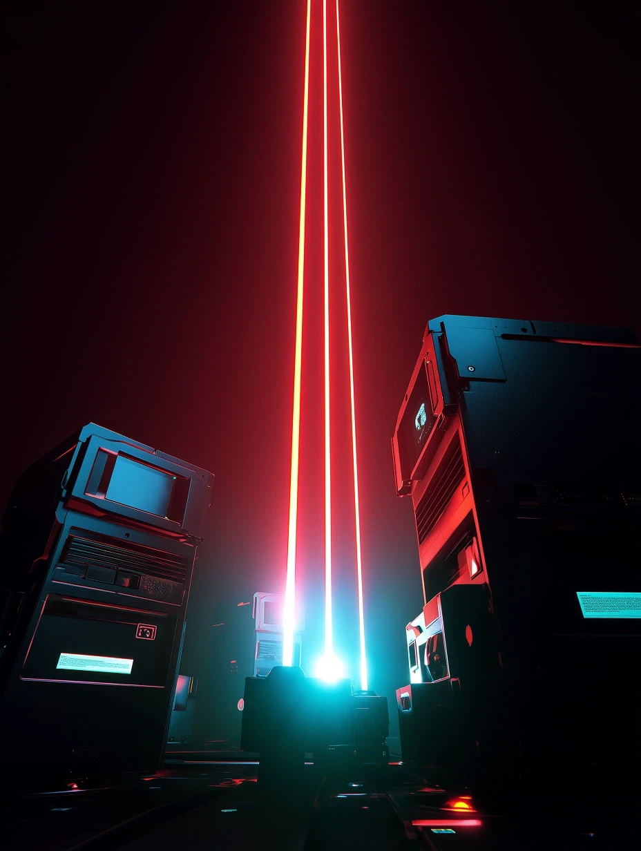 Red-lit geometric structure in a dark space