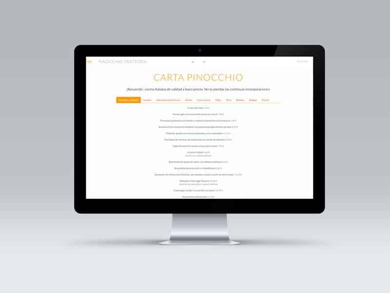 Menú digital Trattoria Pinochhio en pantalla de computadora, mostrando opciones de comida italiana.