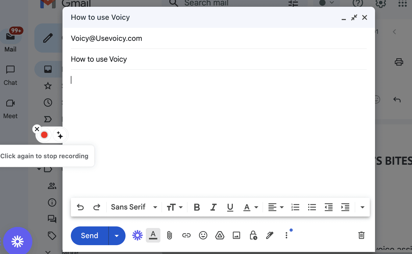 Gmailの下書き画像に、音声を文字起こし中のVoicy要素を表示しています。