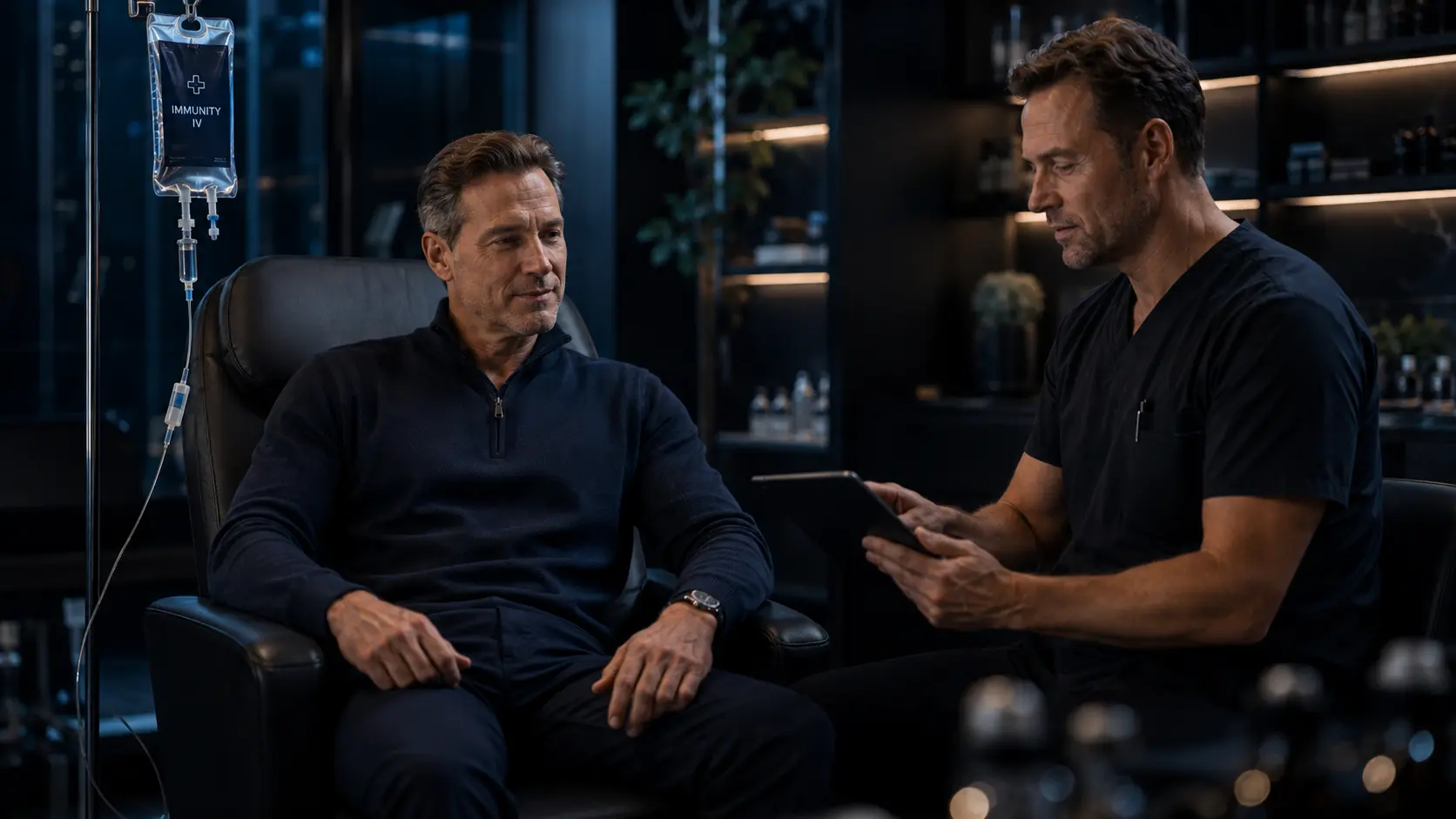 Two men in conversation in a dark lounge with an IV stand