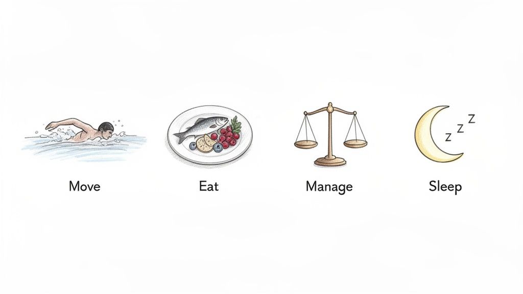 Four illustrations depict a person swimming, healthy food, a balance scale, and a sleeping moon, representing health pillars.