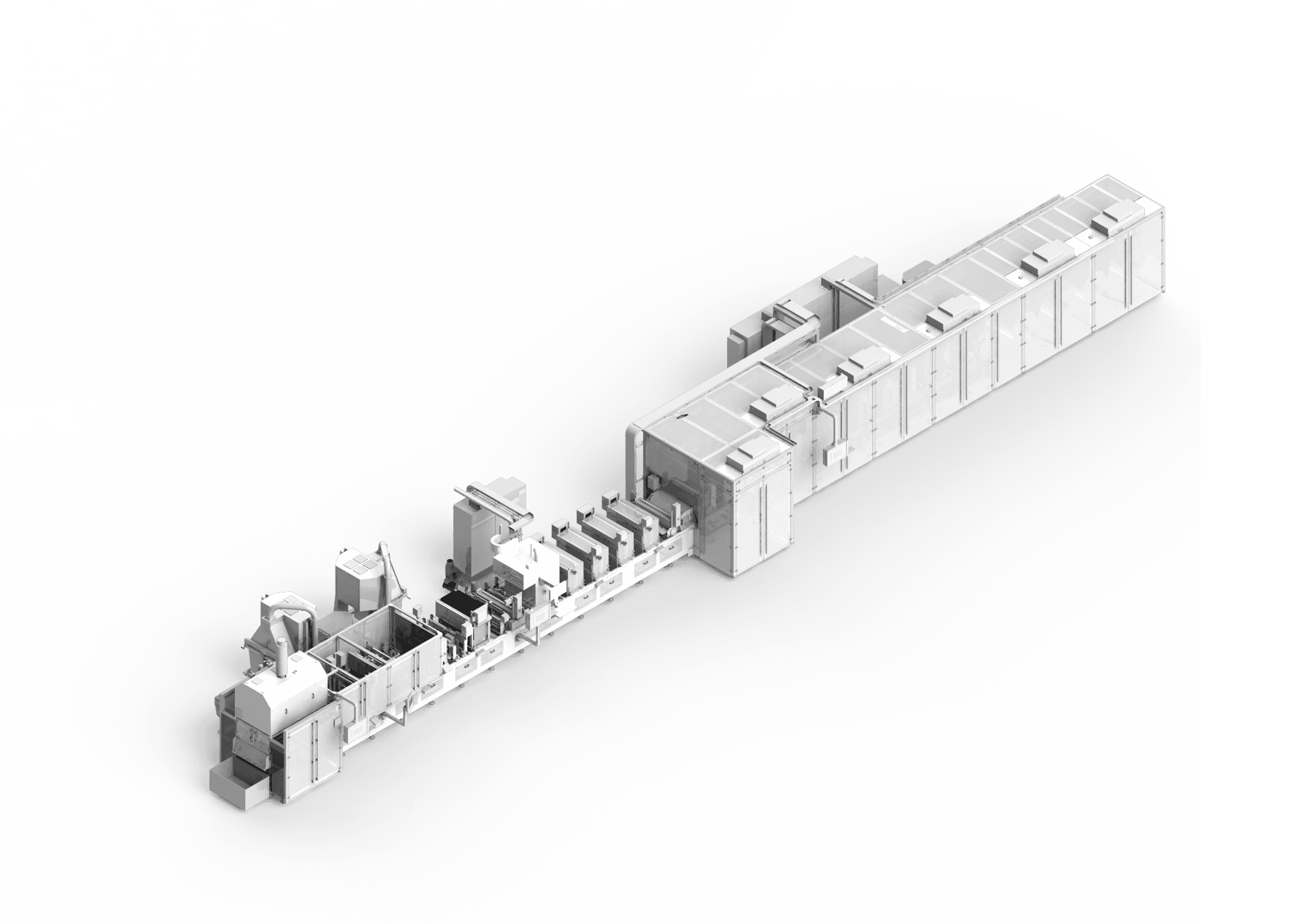 Industrieanlage im Schnitt: technische Zeichnung. Maschinen, Fabrik, Gebäude in Graustufen.