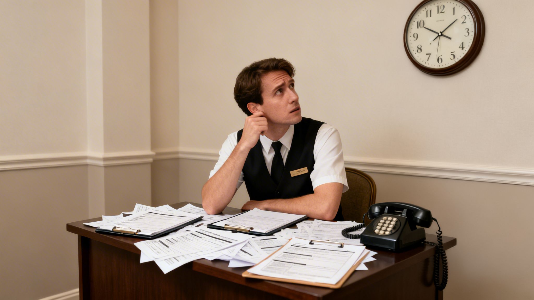A young man, possibly a receptionist, looks up from a desk full of documents.