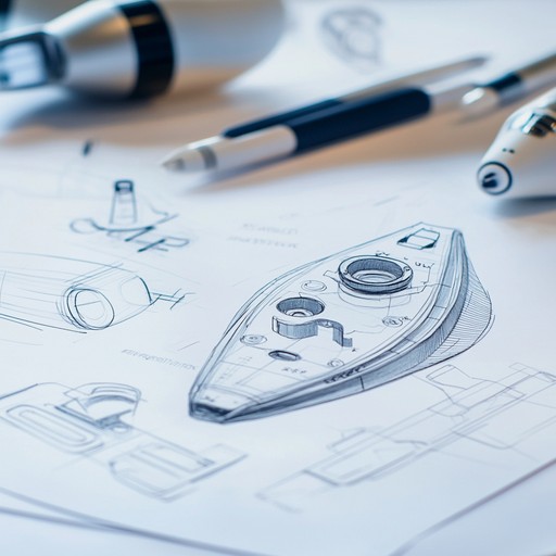 Schwarz-weiße technische Produktzeichnung eines länglichen Geräts mit runden Öffnungen und mehreren Detailansichten auf Papier mit Stiften im Hintergrund