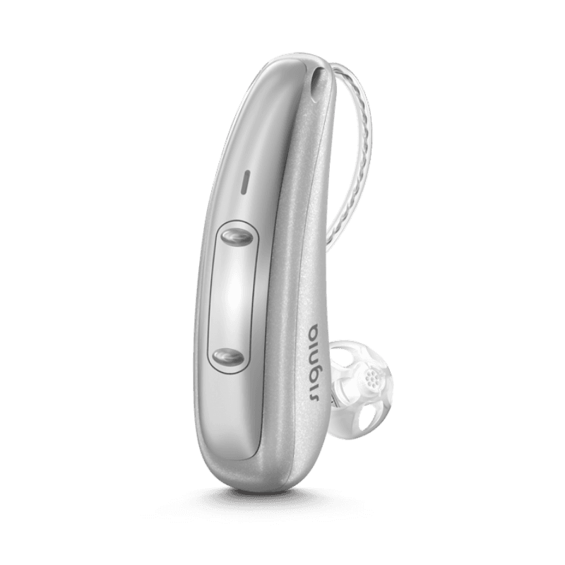 Micro-contour rechargeable Signia Pure Charge&Go 7X, appareil auditif haut de gamme alliant autonomie et qualité sonore. Audio Pour Tous.