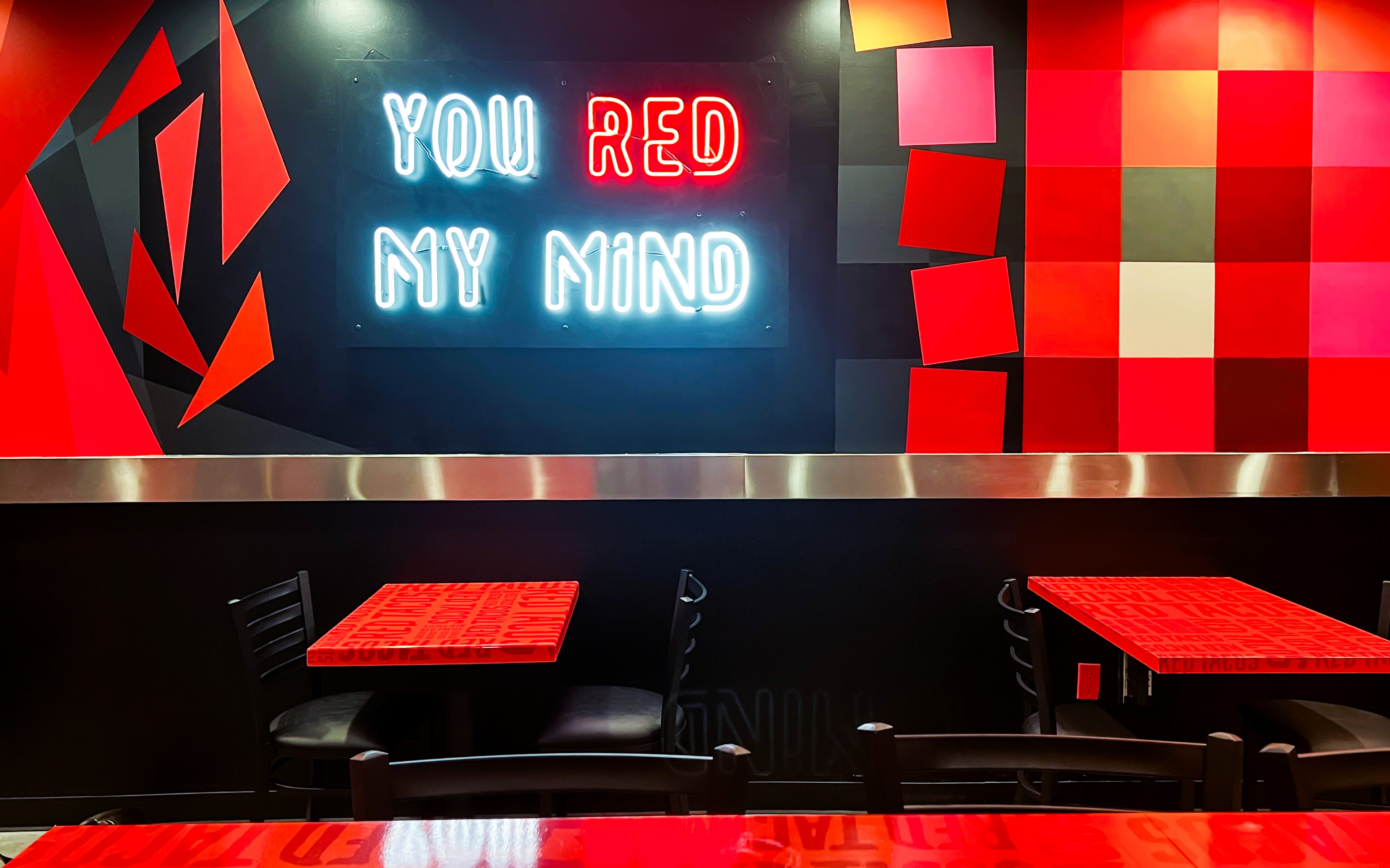 Mike’s Red Tacos flagship interior mural wall with “YOU RED MY MIND” neon — San Diego, CA (2023)