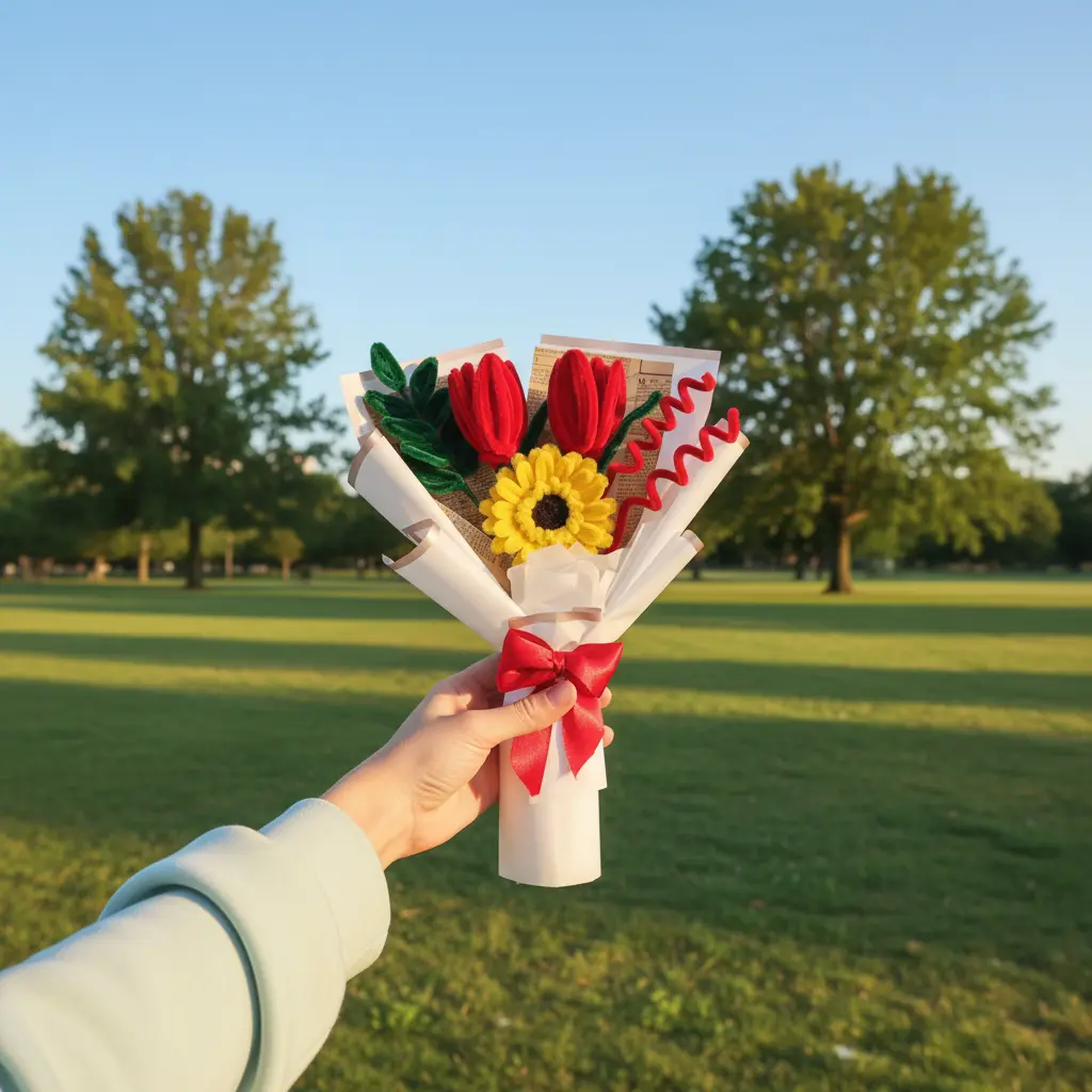 ramo girasol sostenido con paisaje de fondo